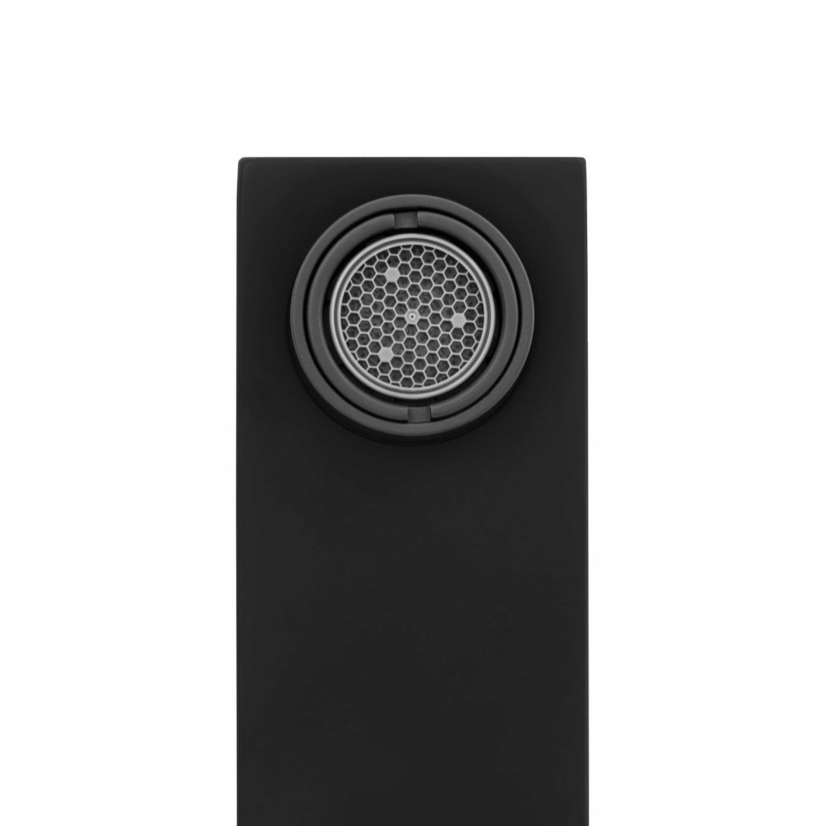 Matte black bath faucet spout and circular showerhead-style face