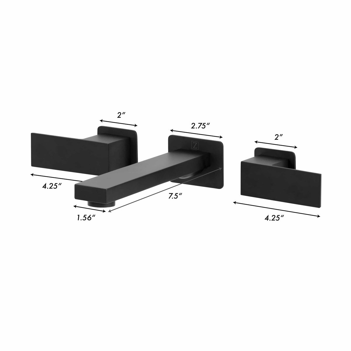 Matte black wall mount bath faucet with spout and handles, dimensions shown