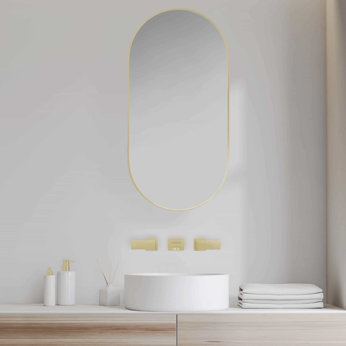 Polished gold wall-mount bath faucet set with slim spout and two small control buttons