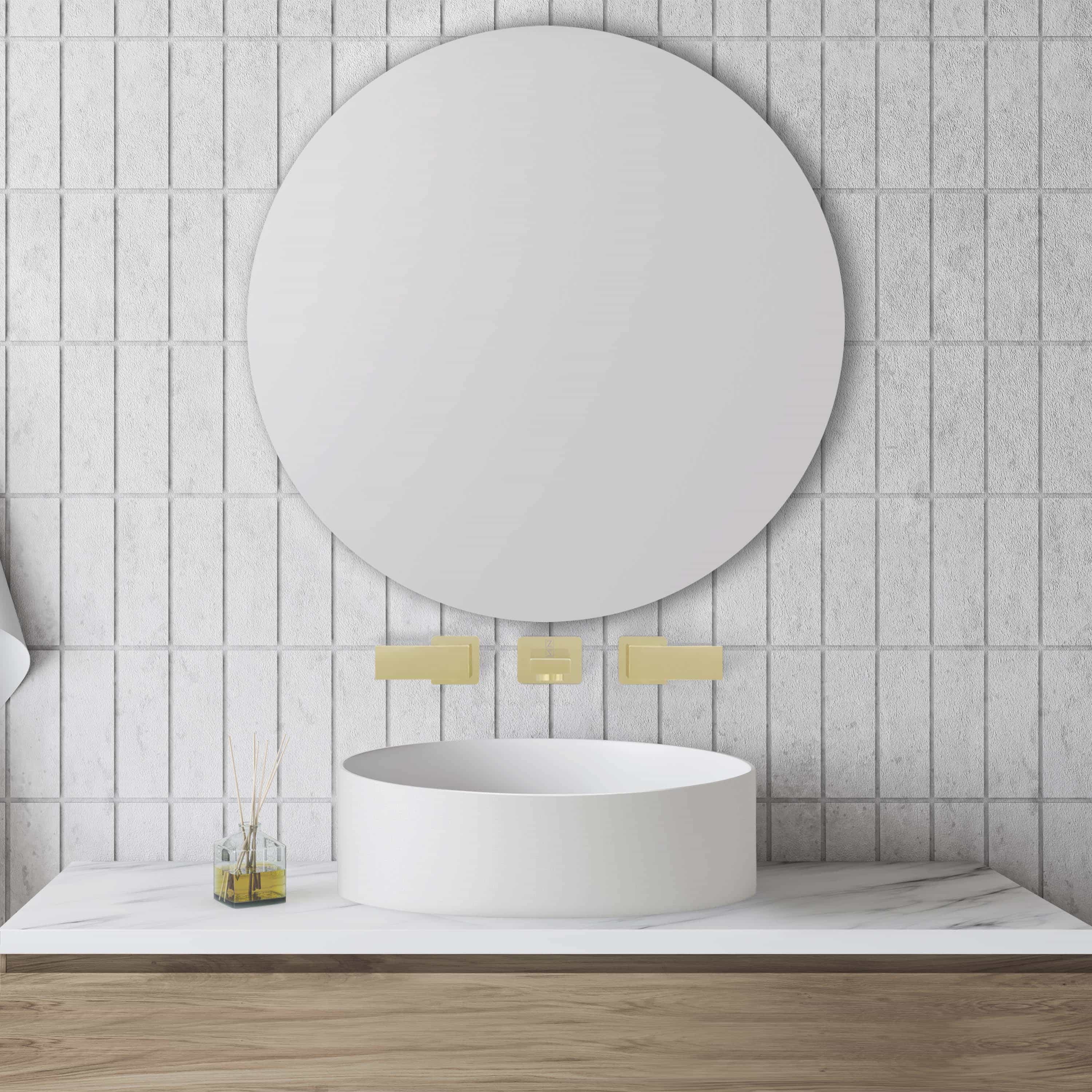 Polished gold wall-mount bath faucet with straight spout and two square handle levers