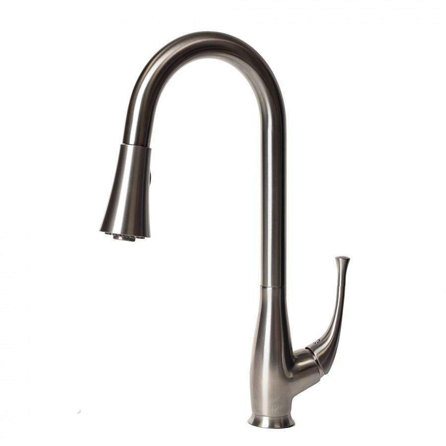 Brushed nickel kitchen faucet with arched spout and side-mounted sprayer