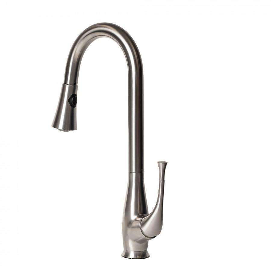 Brushed nickel kitchen faucet with arched spout and side sprayer