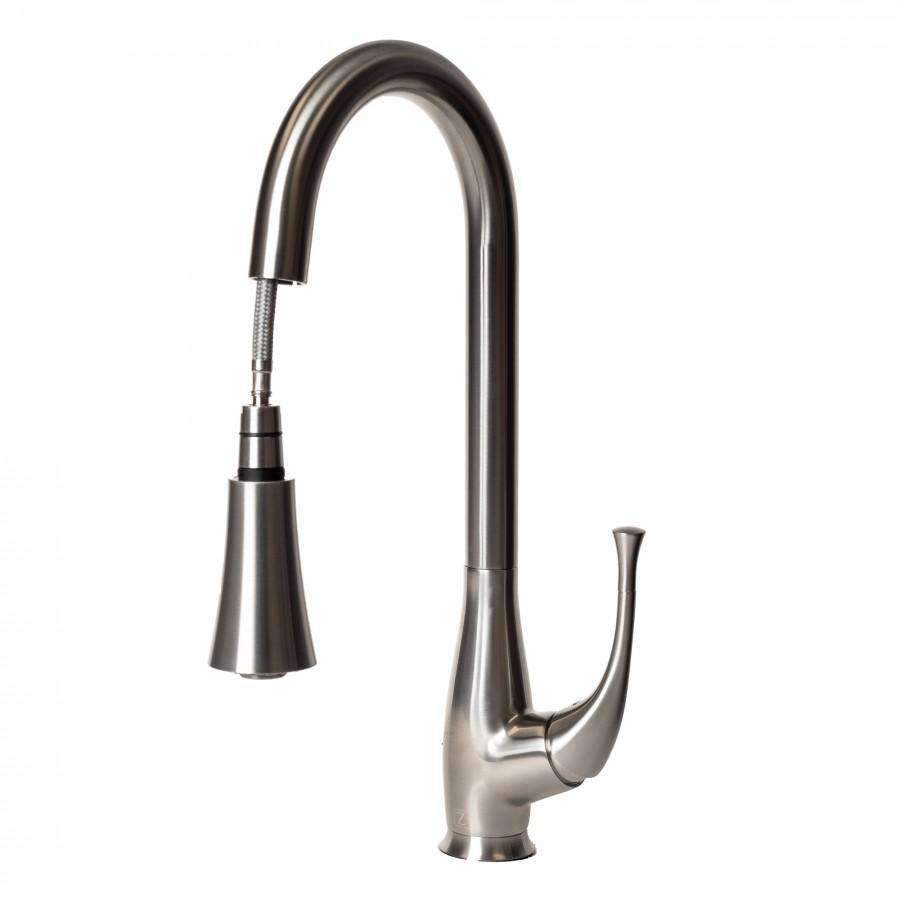 Brushed nickel kitchen faucet with tall gooseneck spout and side sprayer