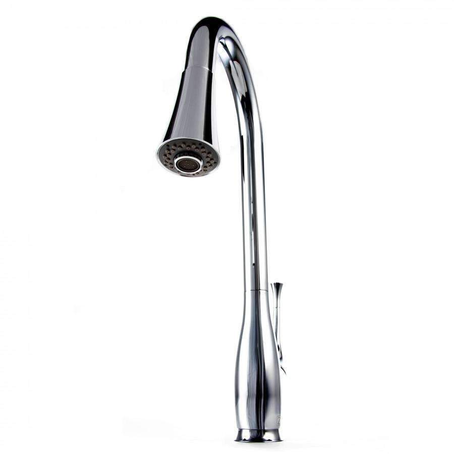 ZLINE chrome faucet spout with aerator screen, close angle side view