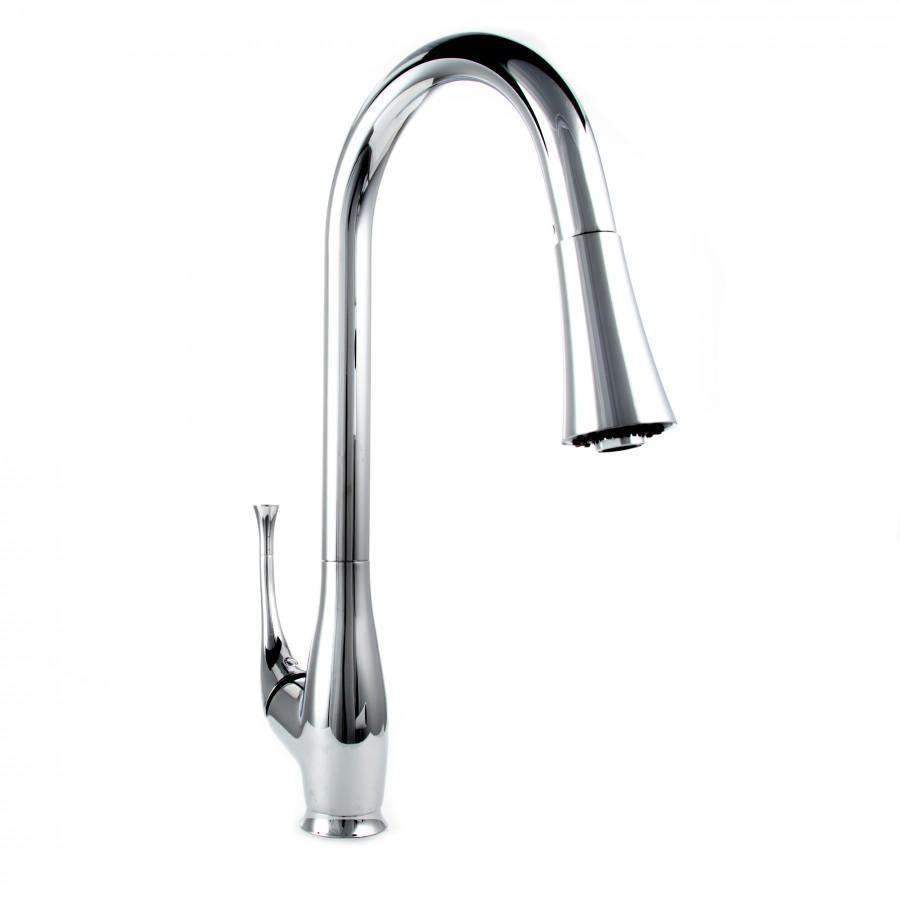 Chrome kitchen faucet with arched spout and black spray head, angled side view