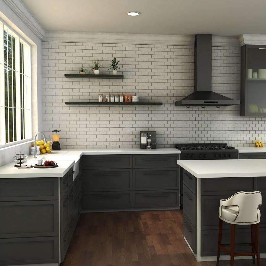 Chrome kitchen faucet over undermount sink, single-handle curved spout, wide kitchen view