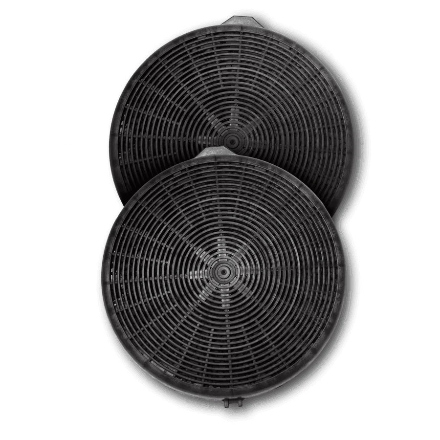 Two round charcoal replacement filters stacked, showing black wire grille and center hub