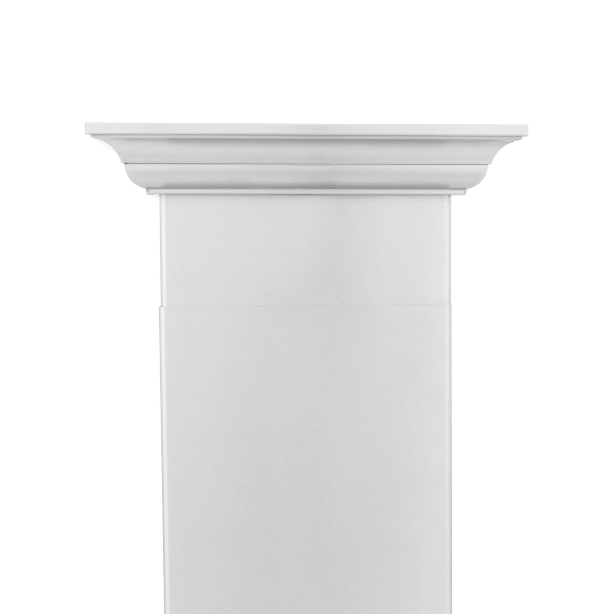 White crown molding trim for wall range hood, straight section with stepped soffit