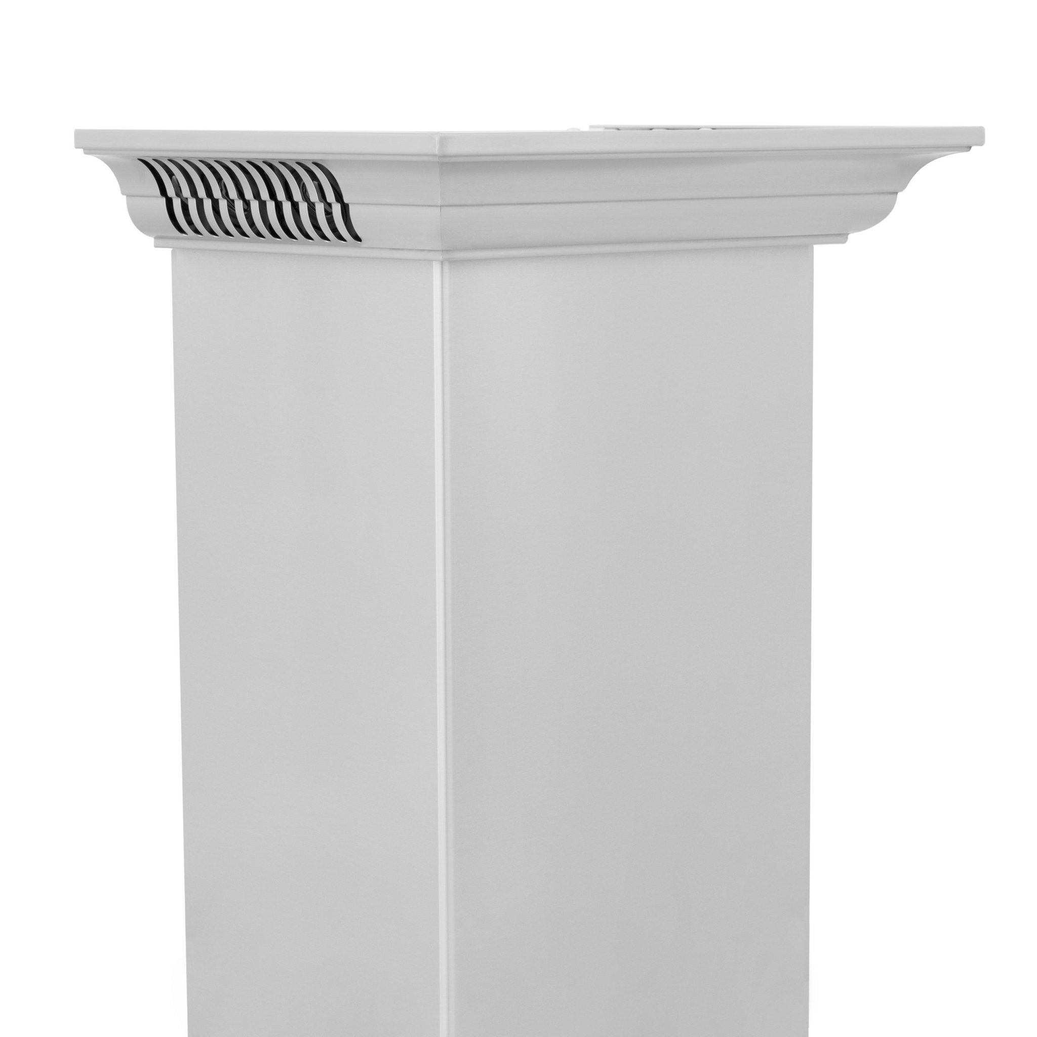 Light gray crown molding with upper speaker vent grille on vertical panel