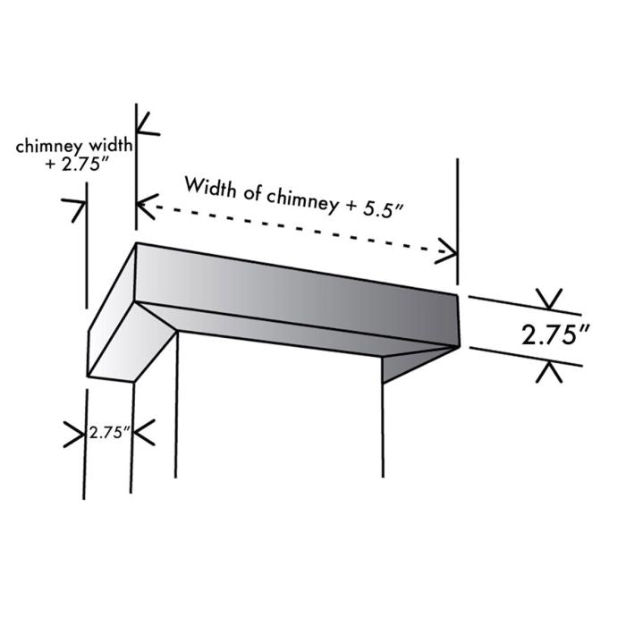 Range hood crown molding profile with layered ledge and measurement callouts