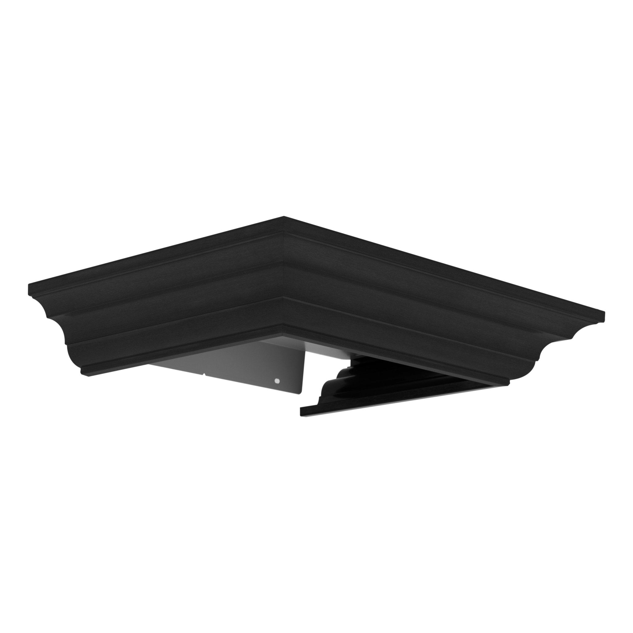 Black wall-mount crown molding corner piece with angled supports and top vent slots