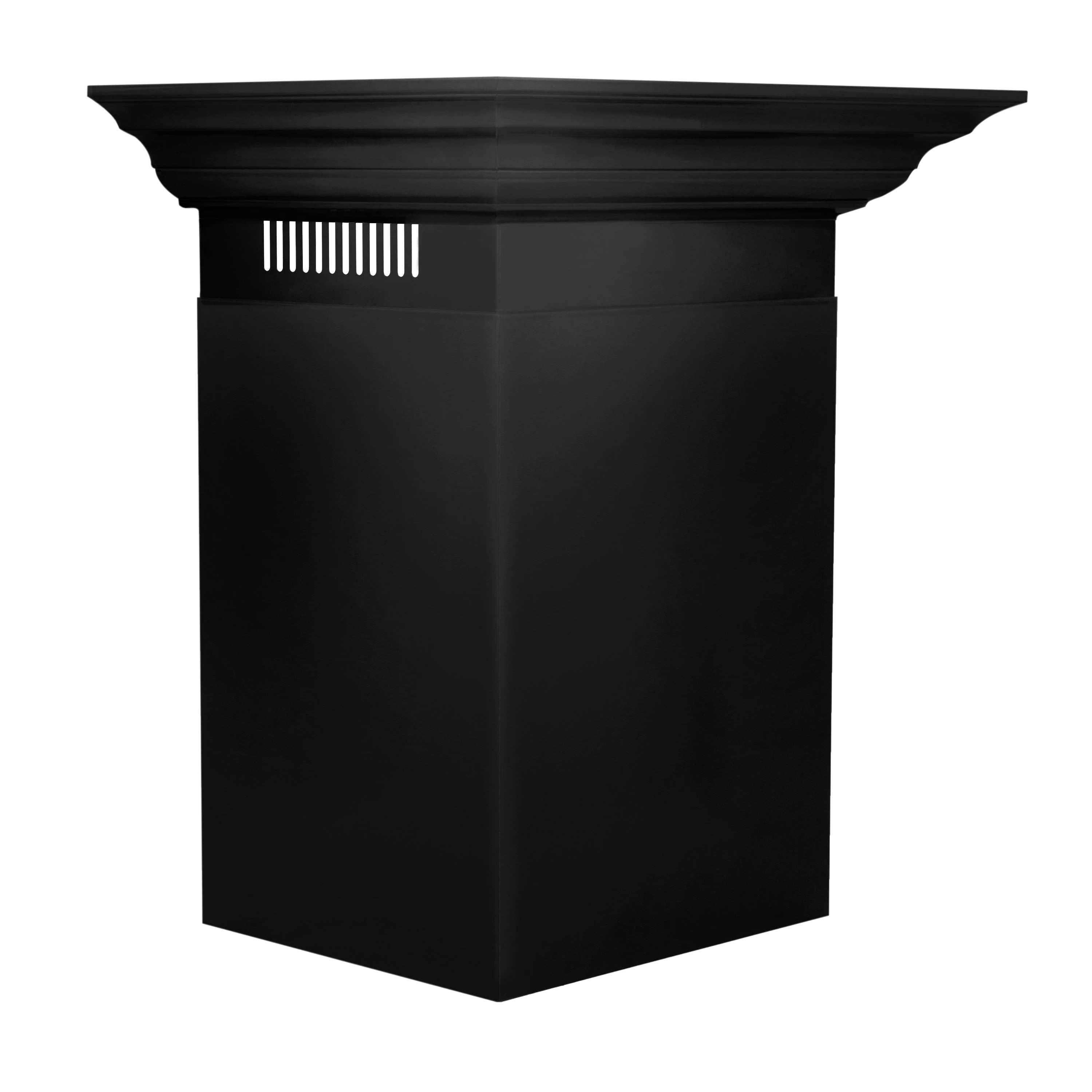 Black crown molding profile for wall-mount range hood, front grille vent detail