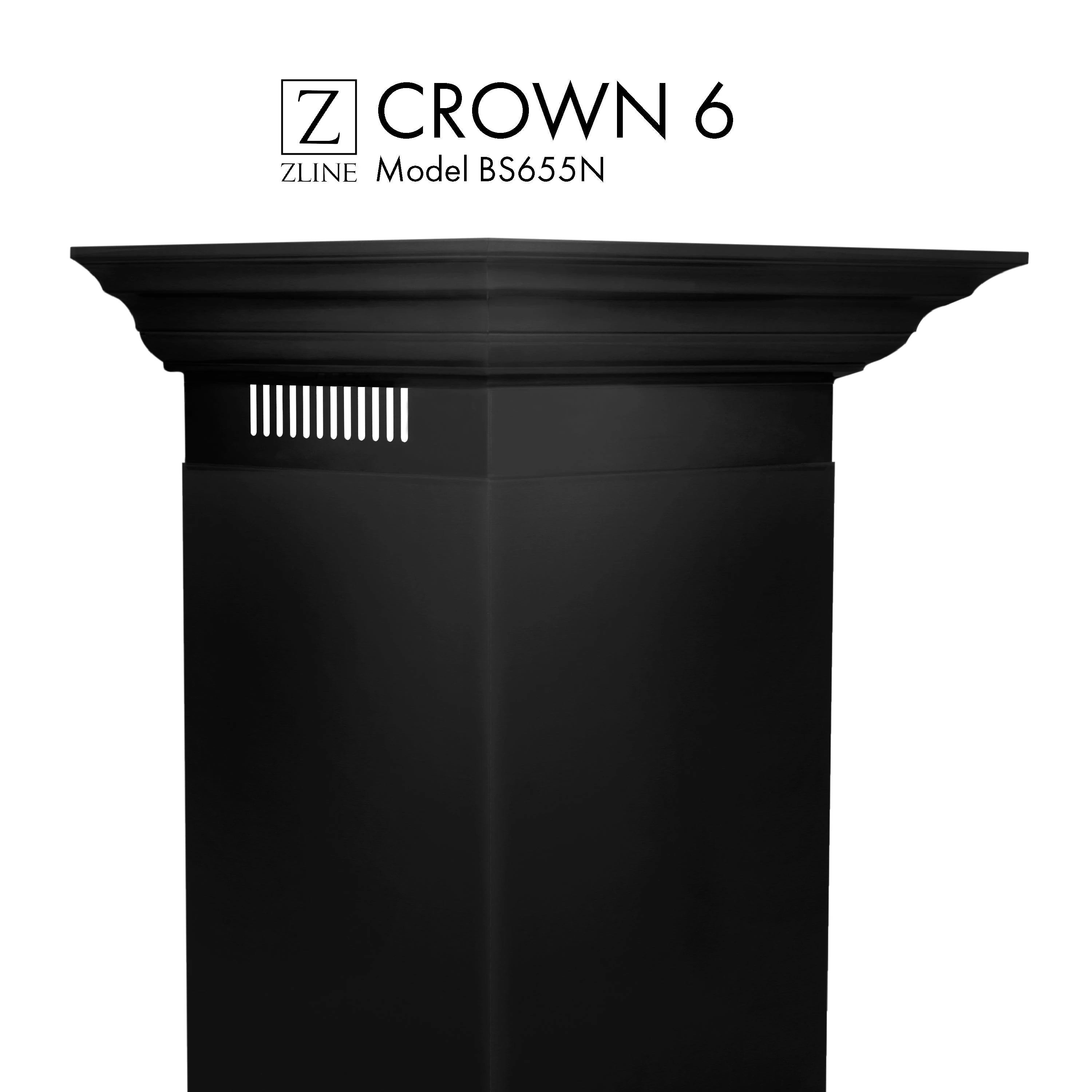 Black crown molding profile for wall-mount range hood, front grille vent detail