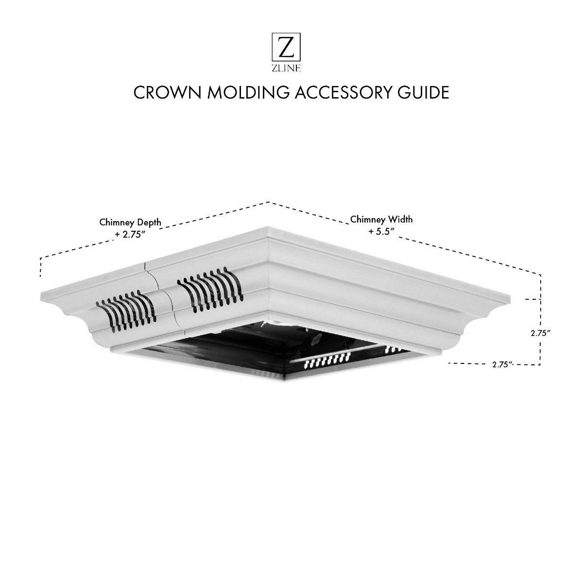 Crown molding accessory guide diagram showing speaker placement and measurements