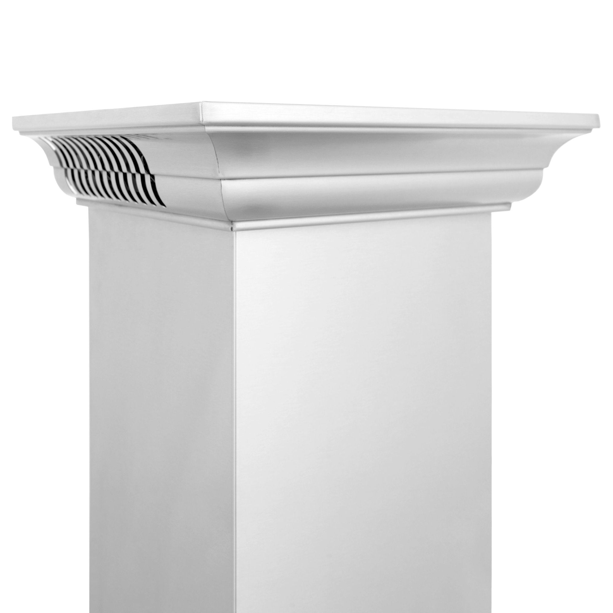 Stainless steel crown molding range hood, front view with vented speaker grille