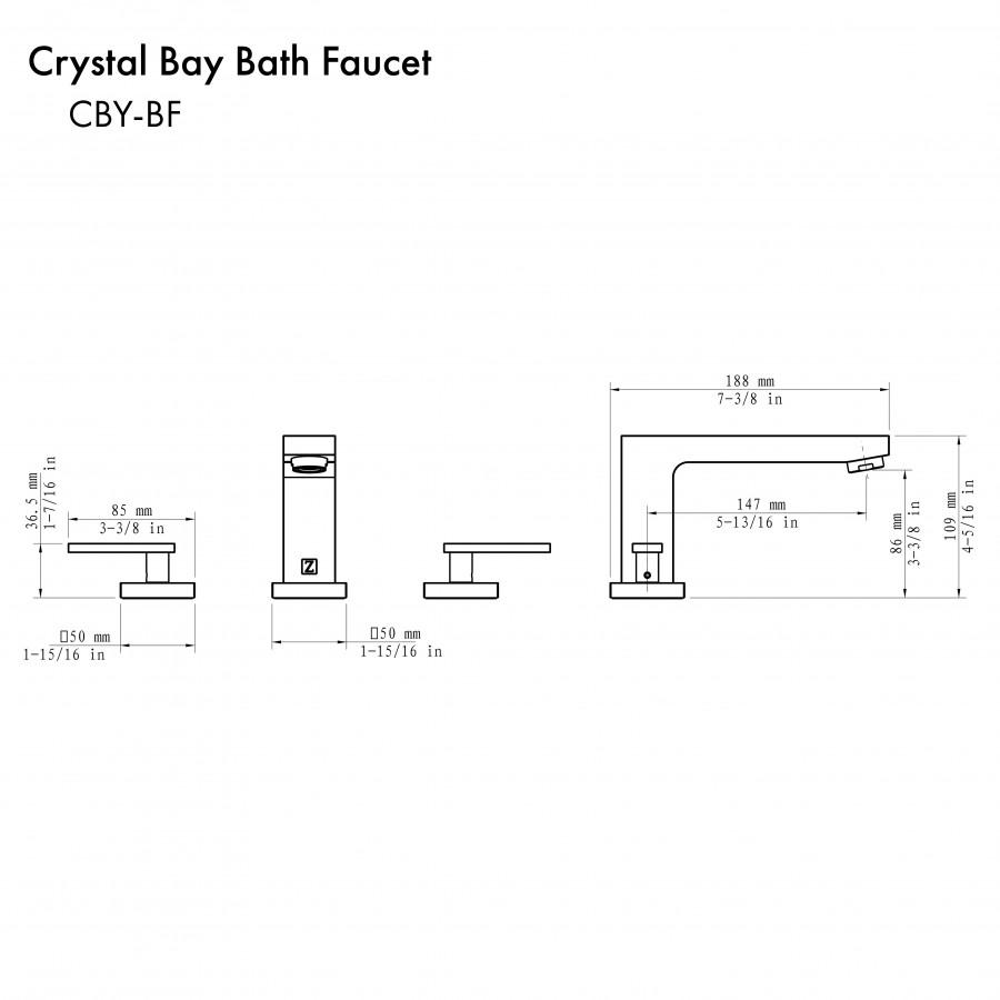 Bathroom bath faucet diagram with center spout, two handles, and dimension measurements