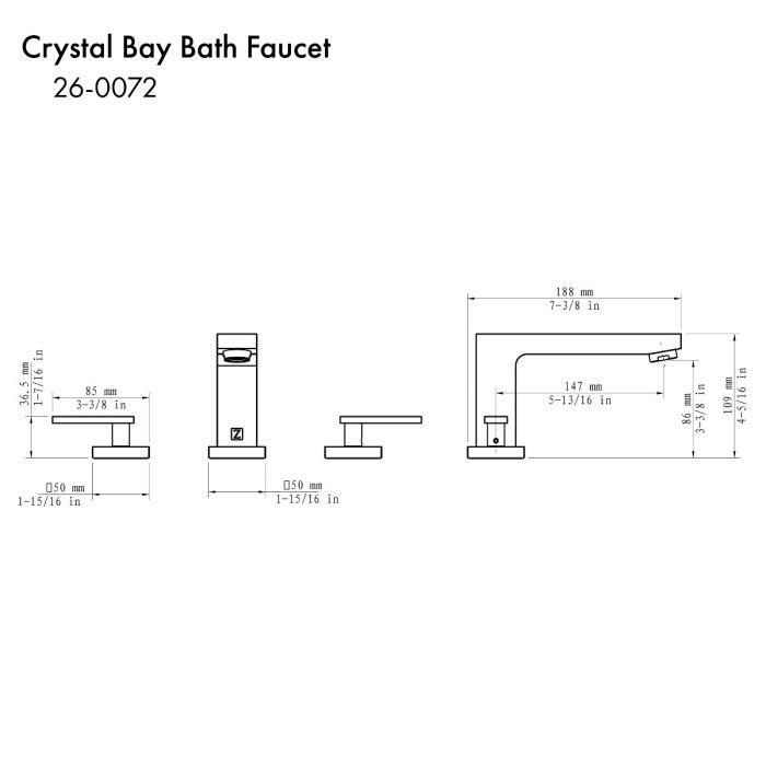 Chrome bath faucet diagram showing rectangular spout and two-handle layout