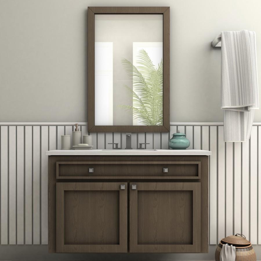 Gunmetal bath faucet with tall rectangular spout and two flat handles over vanity sink