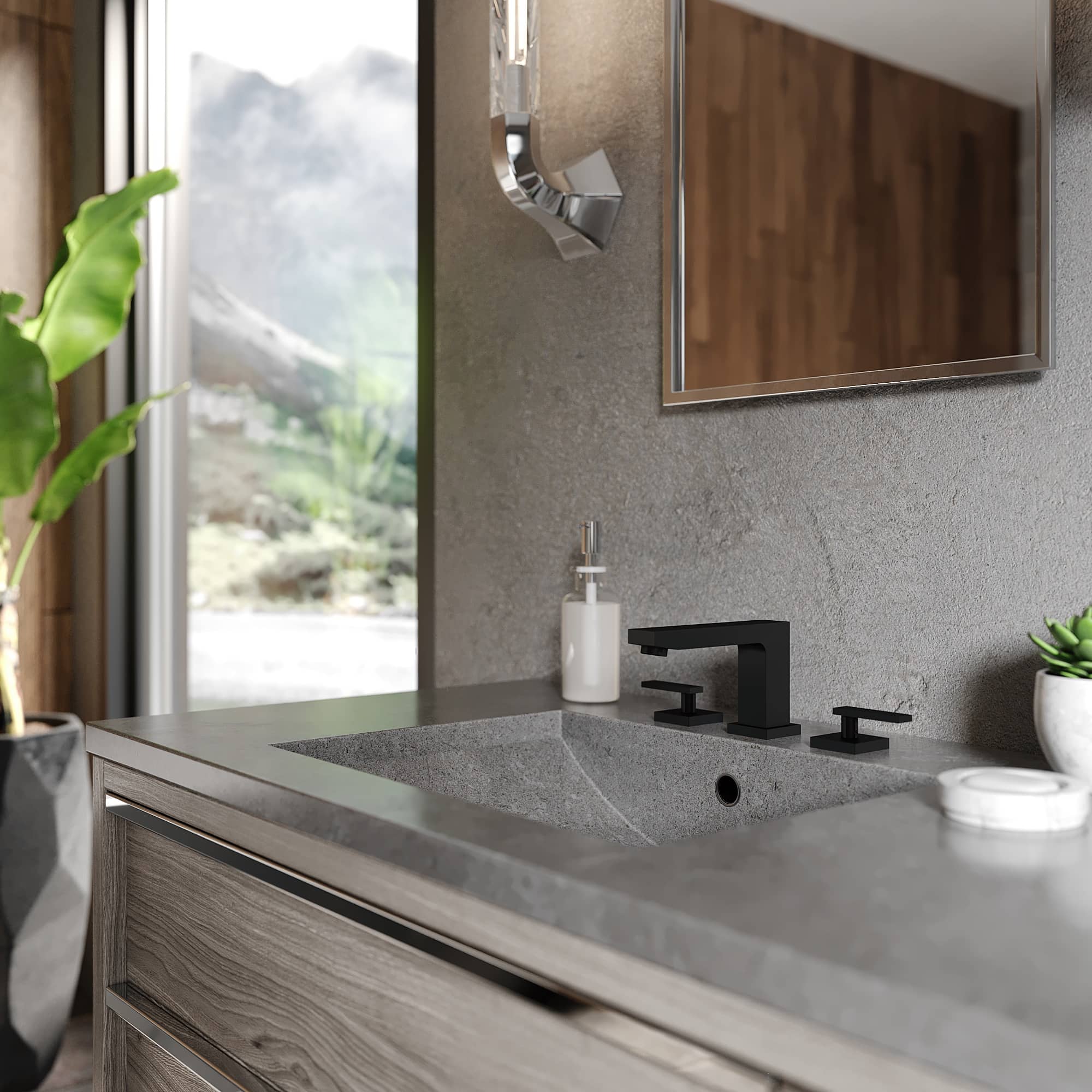 Matte black bathroom sink faucet with square deck plate and low spout