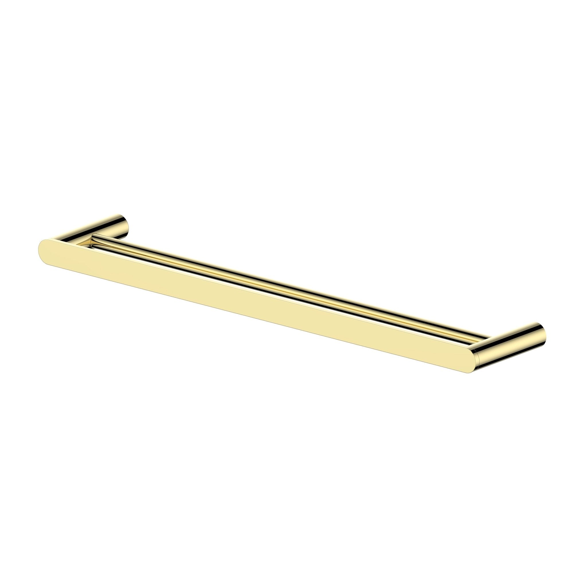 Polished gold double towel rail bar with two end caps, shown in close-up.