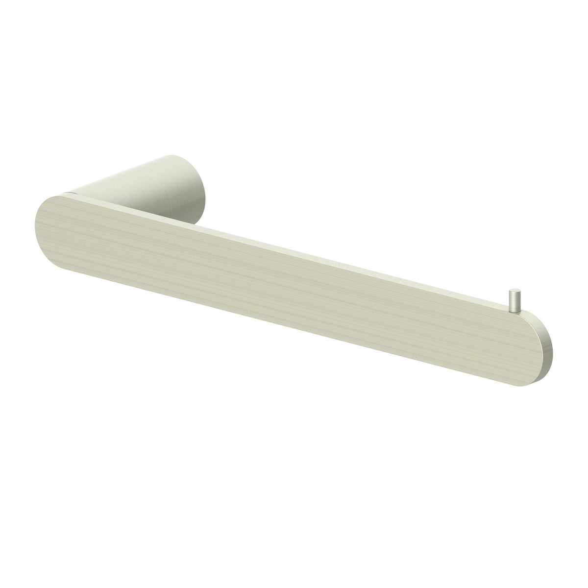 Brushed nickel towel rail with rounded rectangular bar and small mounting posts