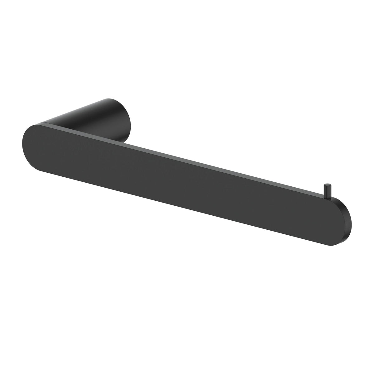 Matte black towel bar with rounded end mounts and centered rail