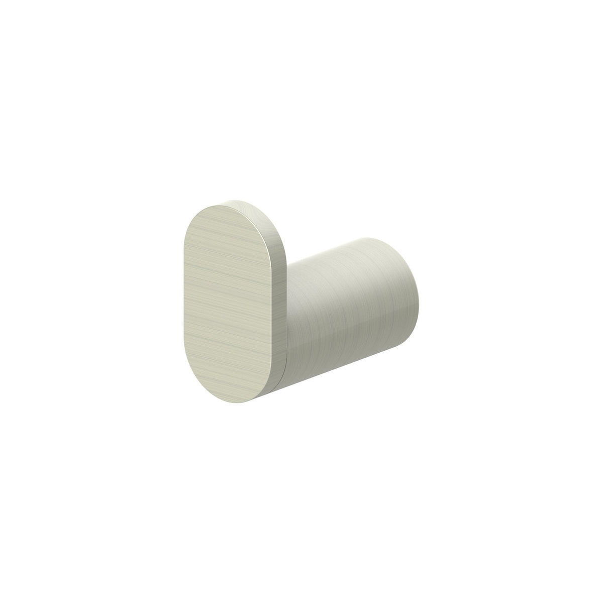 Brushed nickel towel hook with round base and curved hook end