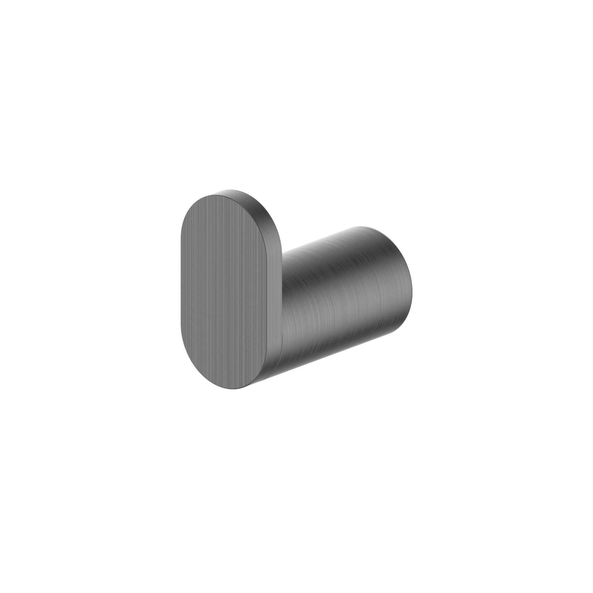 Gun metal wall-mounted towel hook with rounded backplate and cylindrical arm.