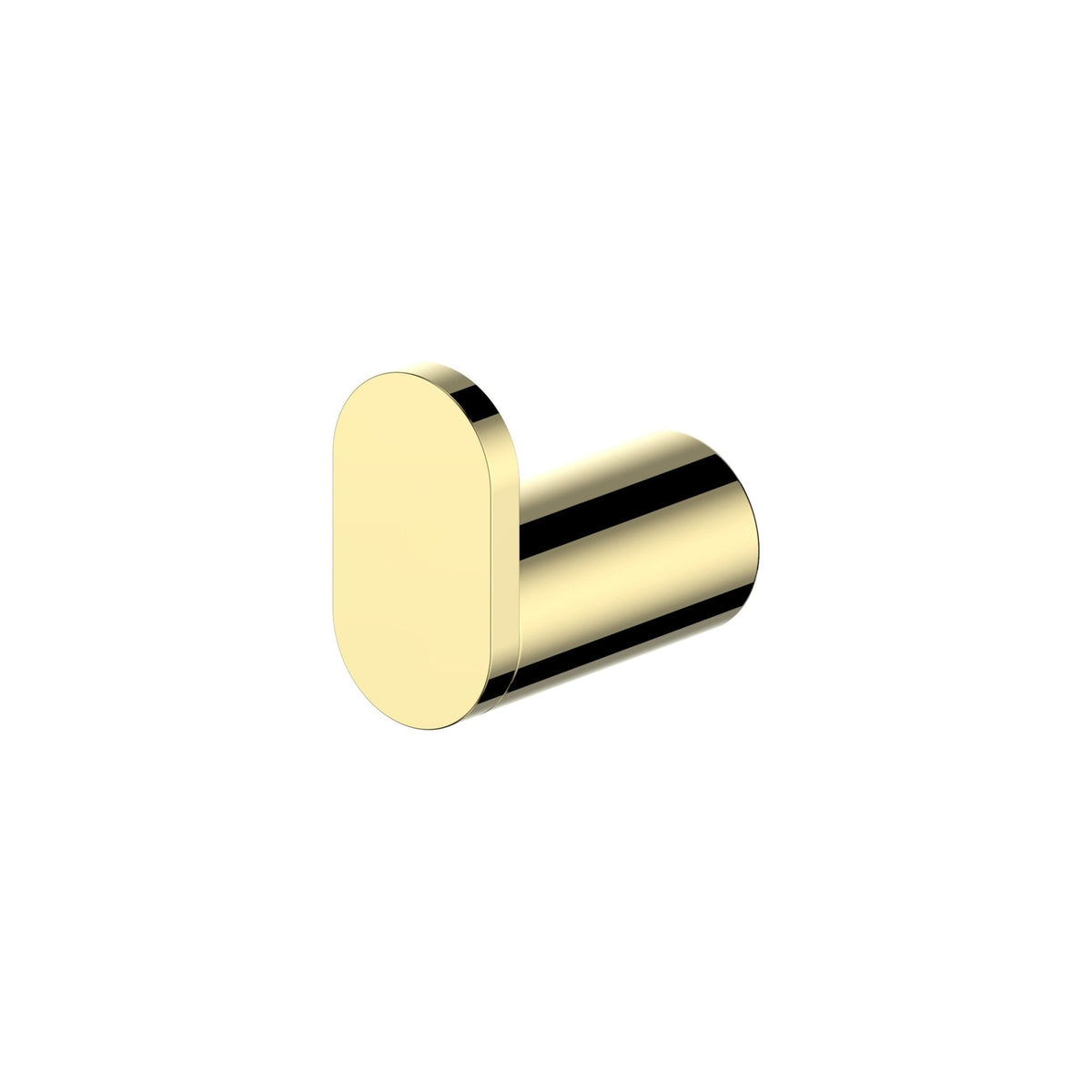 Polished gold towel hook with round backplate and short cylindrical arm