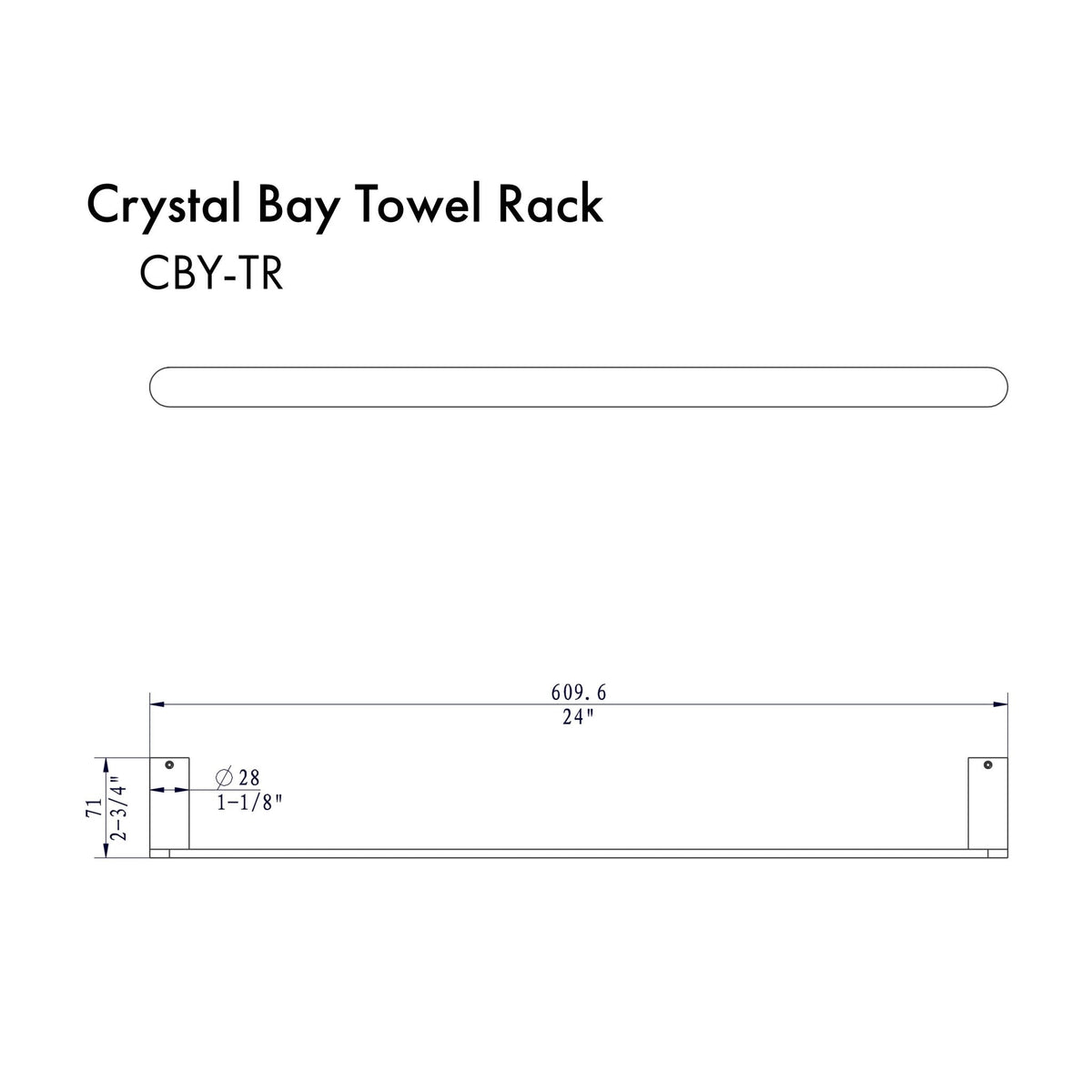 Towel rail installation drawing with measurements (CBY-TR)