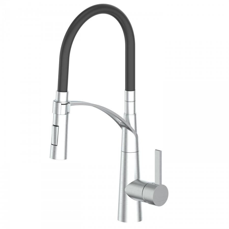 Brushed nickel kitchen faucet with black gooseneck top and pull-down style side control