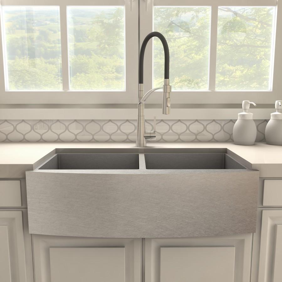 Single-hole brushed nickel kitchen faucet with arched spout and black lever accents