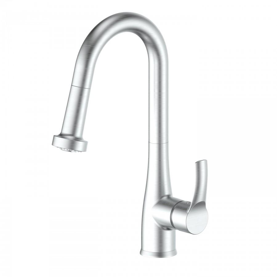 Brushed nickel kitchen faucet with tall curved gooseneck spout and lever