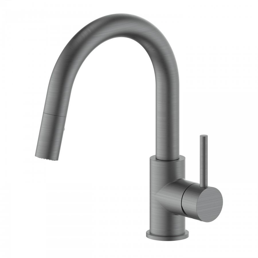 Gun metal single-handle kitchen faucet with arched spout