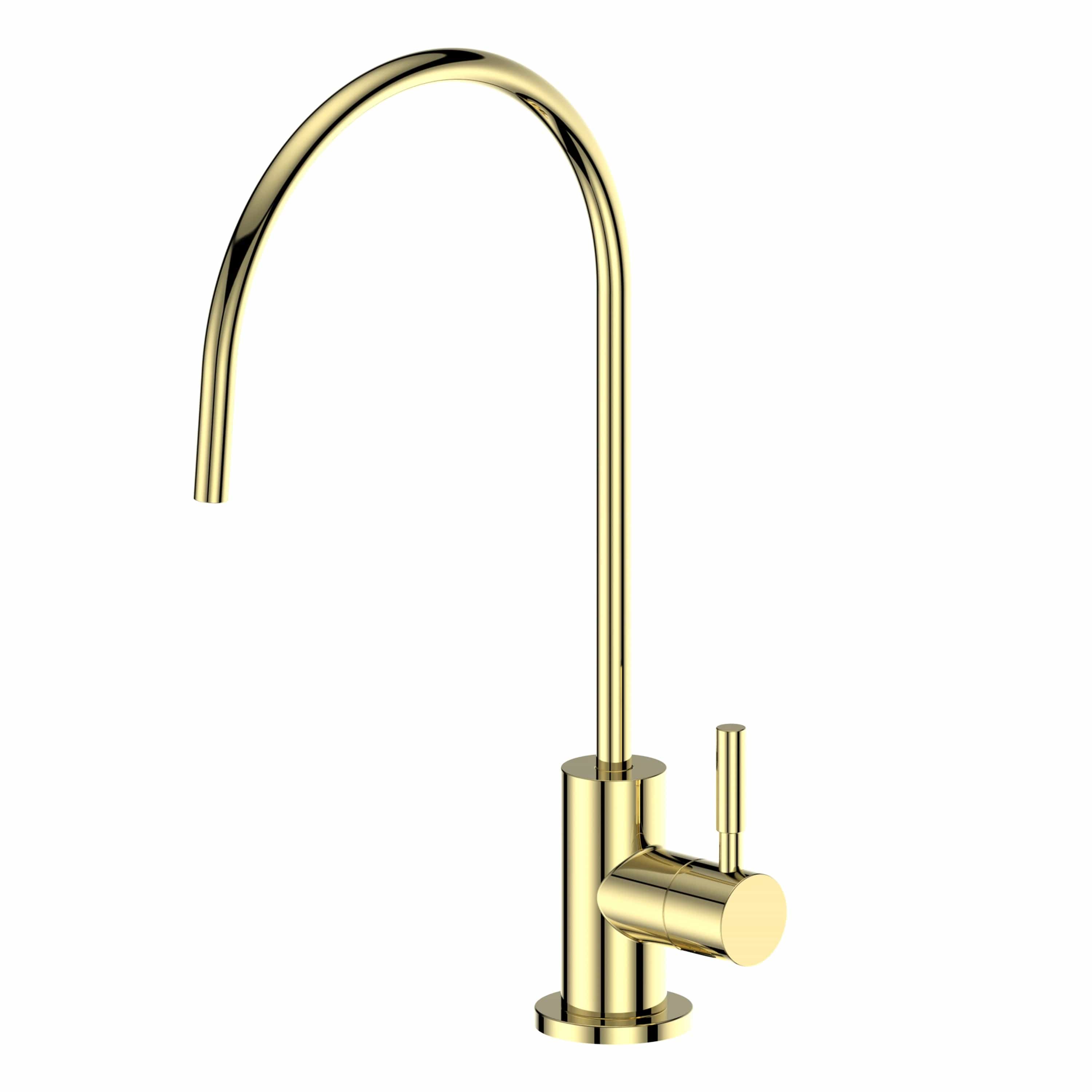 Polished gold drink water faucet with curved spout and single lever handle