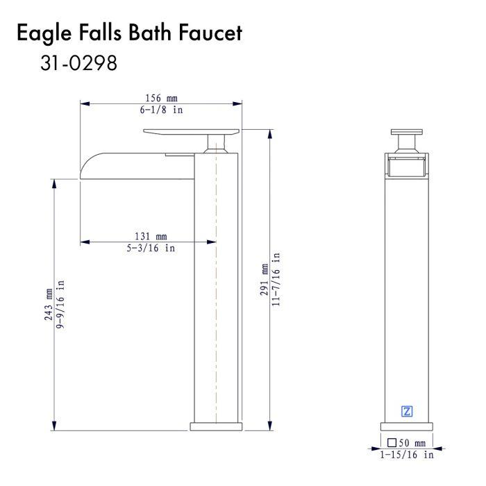 Brushed nickel bath faucet with arched spout and vertical dimensions diagram