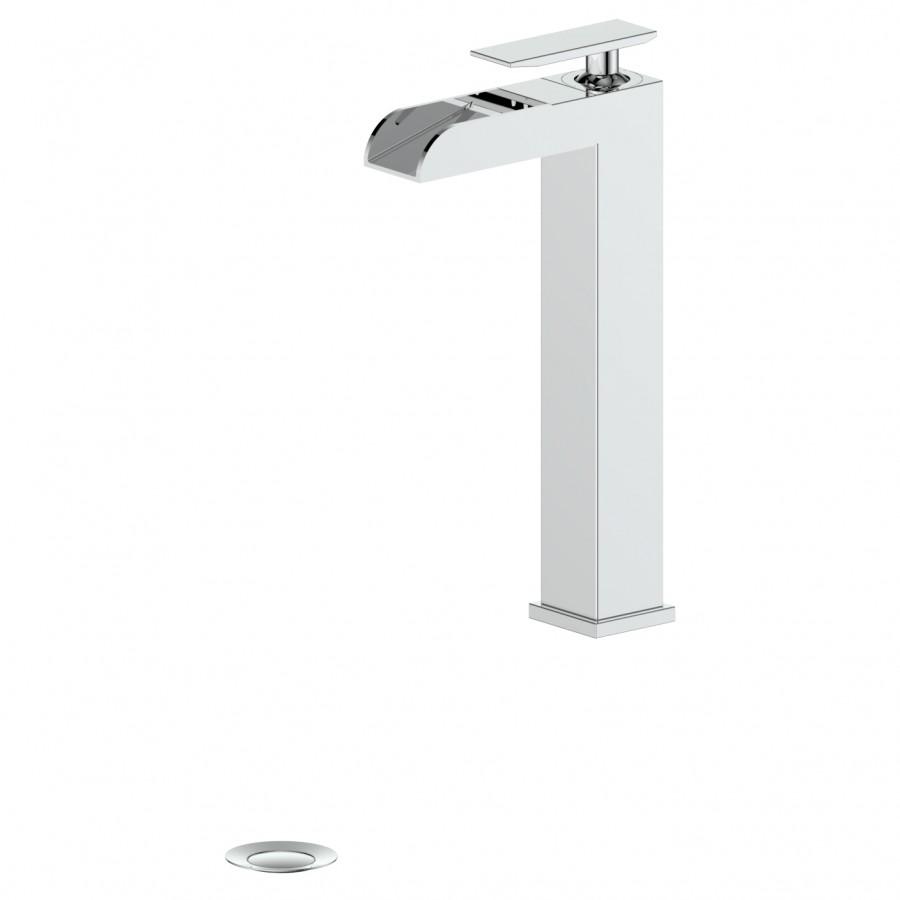 Chrome tall single-handle bath faucet with rectangular spout and base.