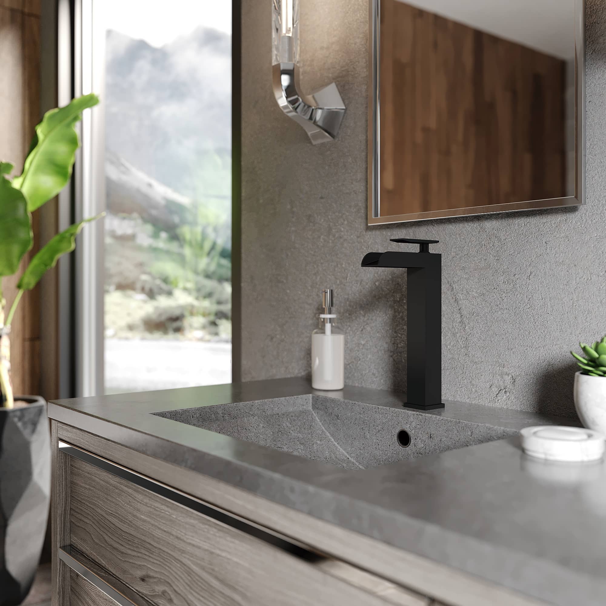Matte black tall single-handle bath faucet with angled spout