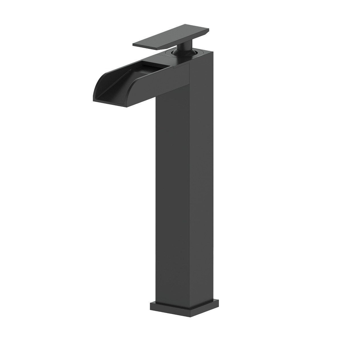 Matte black tall bath faucet with single lever handle and flat spout