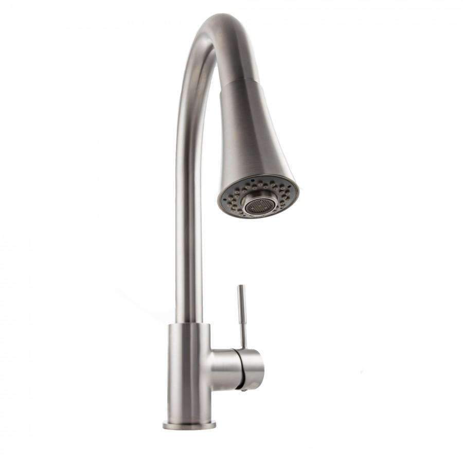 Brushed nickel kitchen faucet with spray head and single lever handle