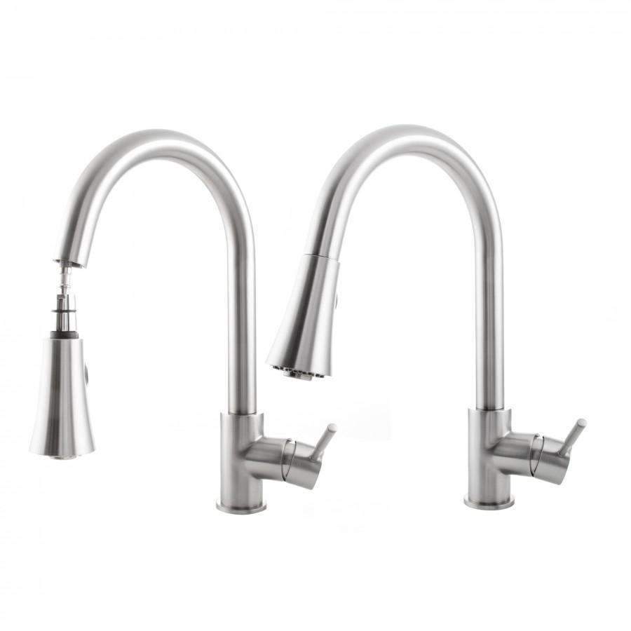 Brushed nickel kitchen faucet with arched spouts and side control handles