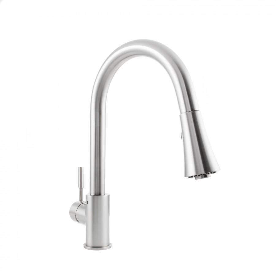 Brushed nickel kitchen faucet with tall arched spout and side control lever