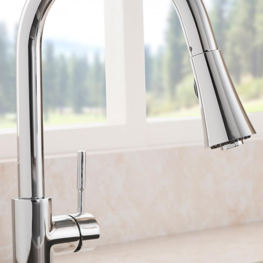 Chrome kitchen faucet with curved spout and single control handle