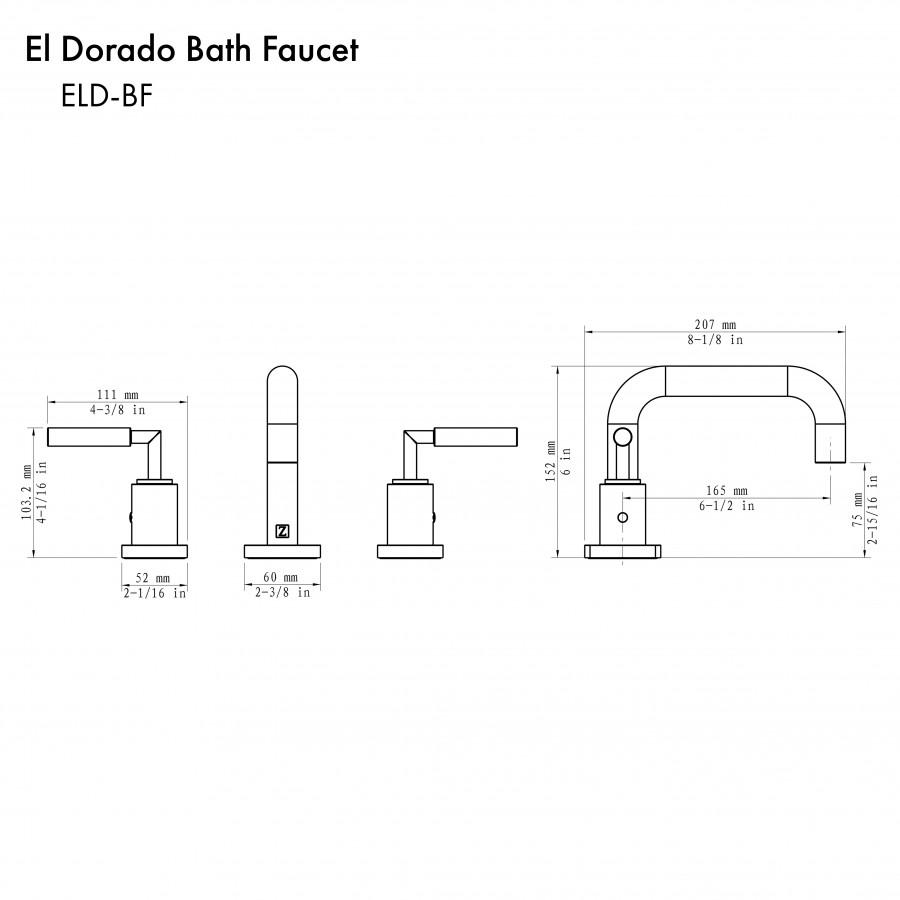 Bath faucet dimension diagram with arched spout and two handles
