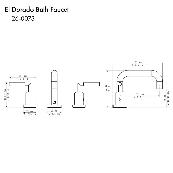 Chrome bath faucet dimension diagram with spout and handles layout