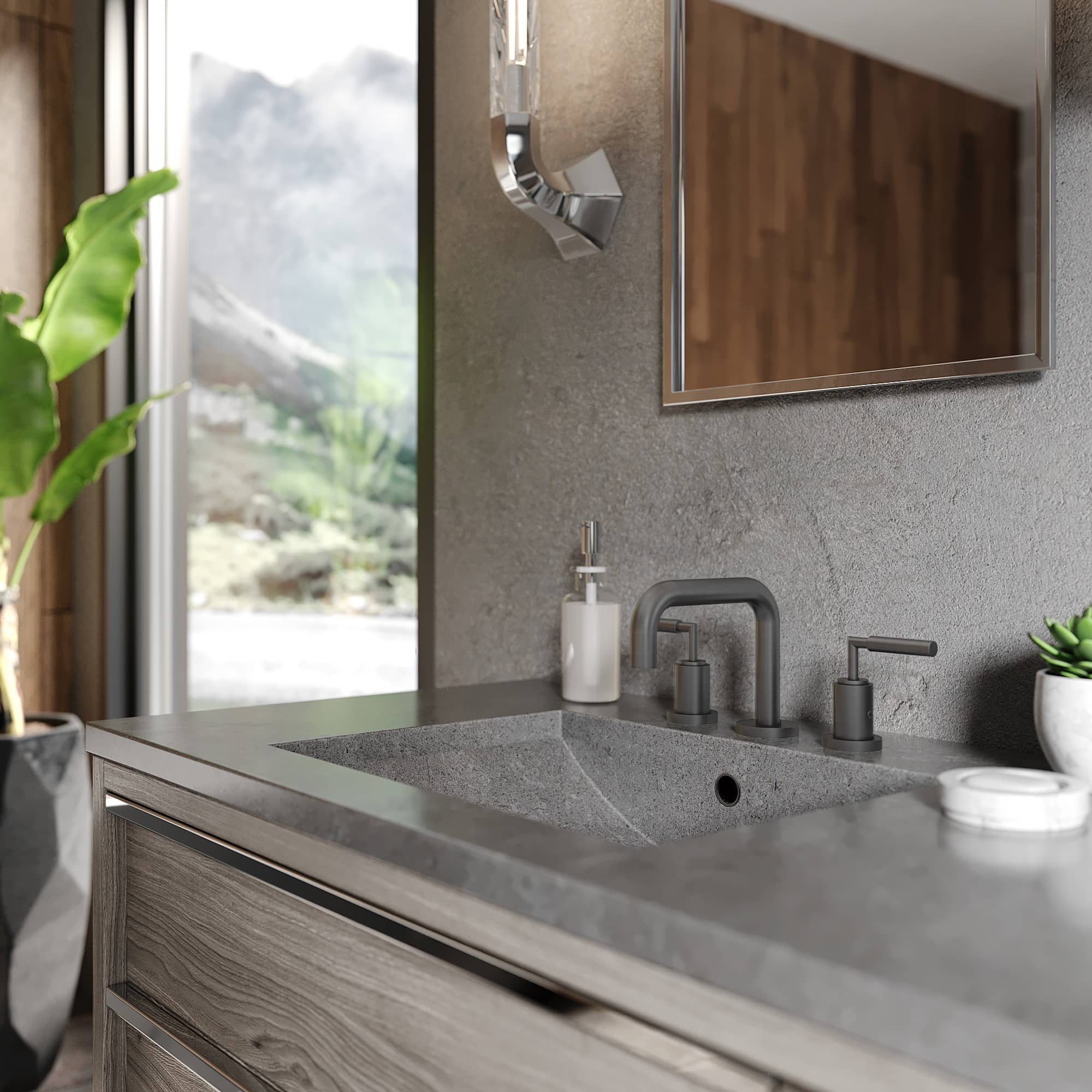 Gun metal bath faucet with arched spout and deck-mounted handles, matte finish.