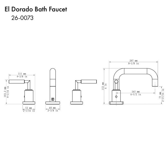 Matte black bath faucet technical line drawing with dimensions
