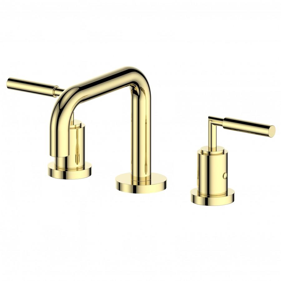 Polished gold bath faucet with tall arched spout and two cylindrical controls
