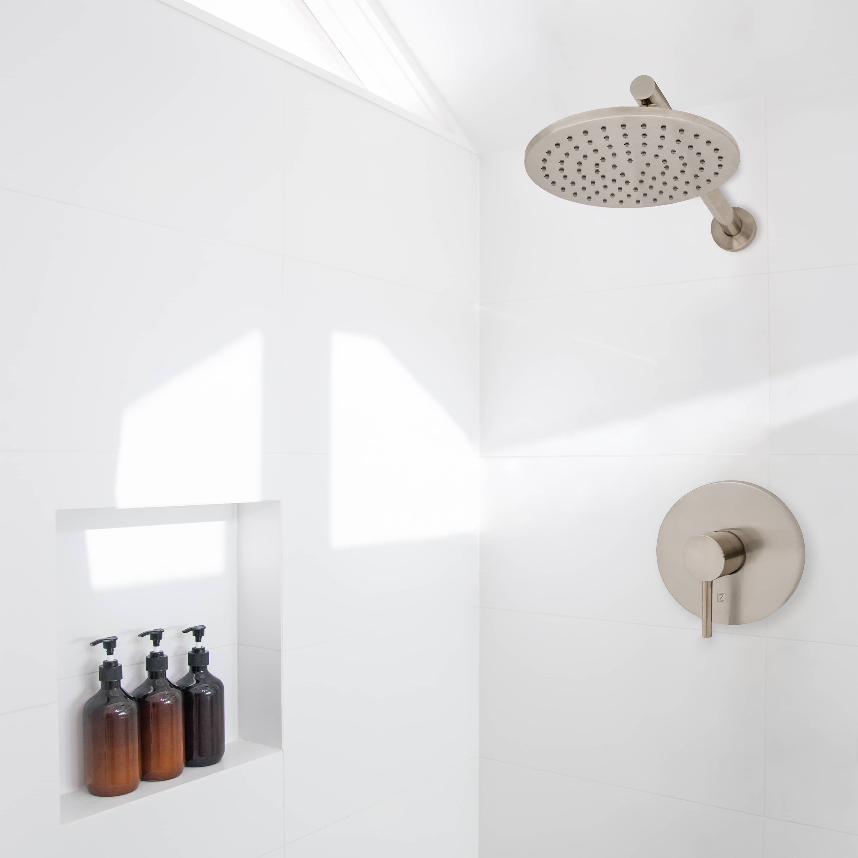 Brushed nickel shower faucet with round overhead rain head and wall control