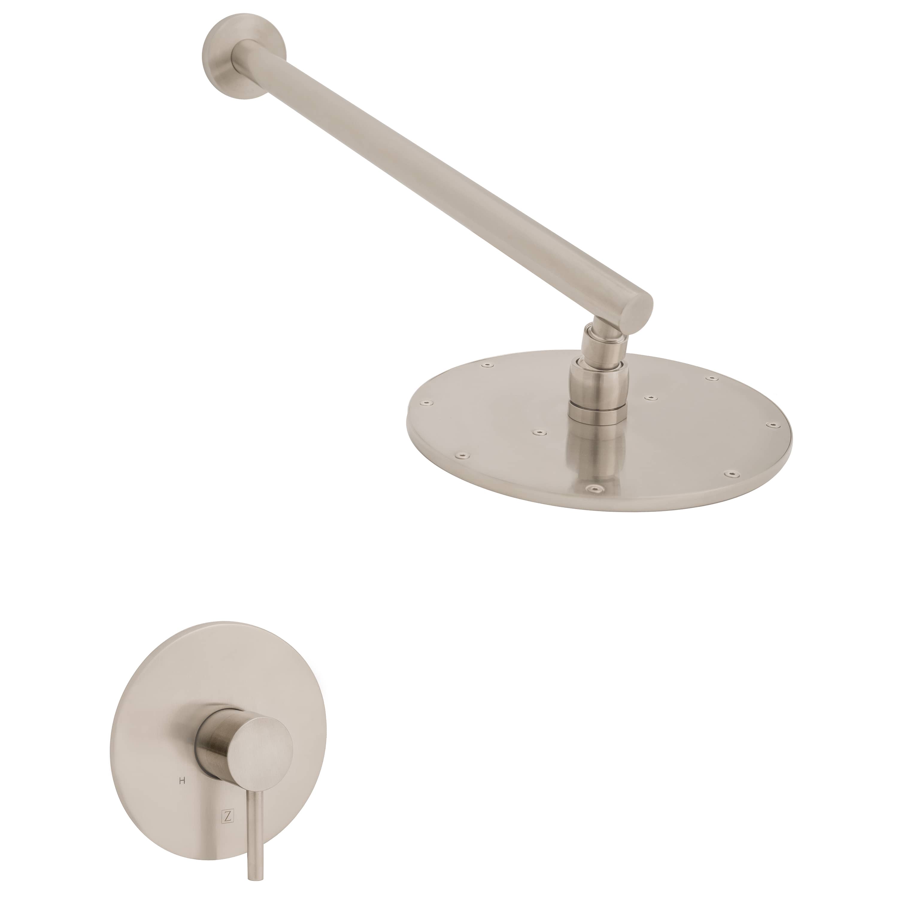 Brushed nickel shower arm with round ceiling shower head and wall mount